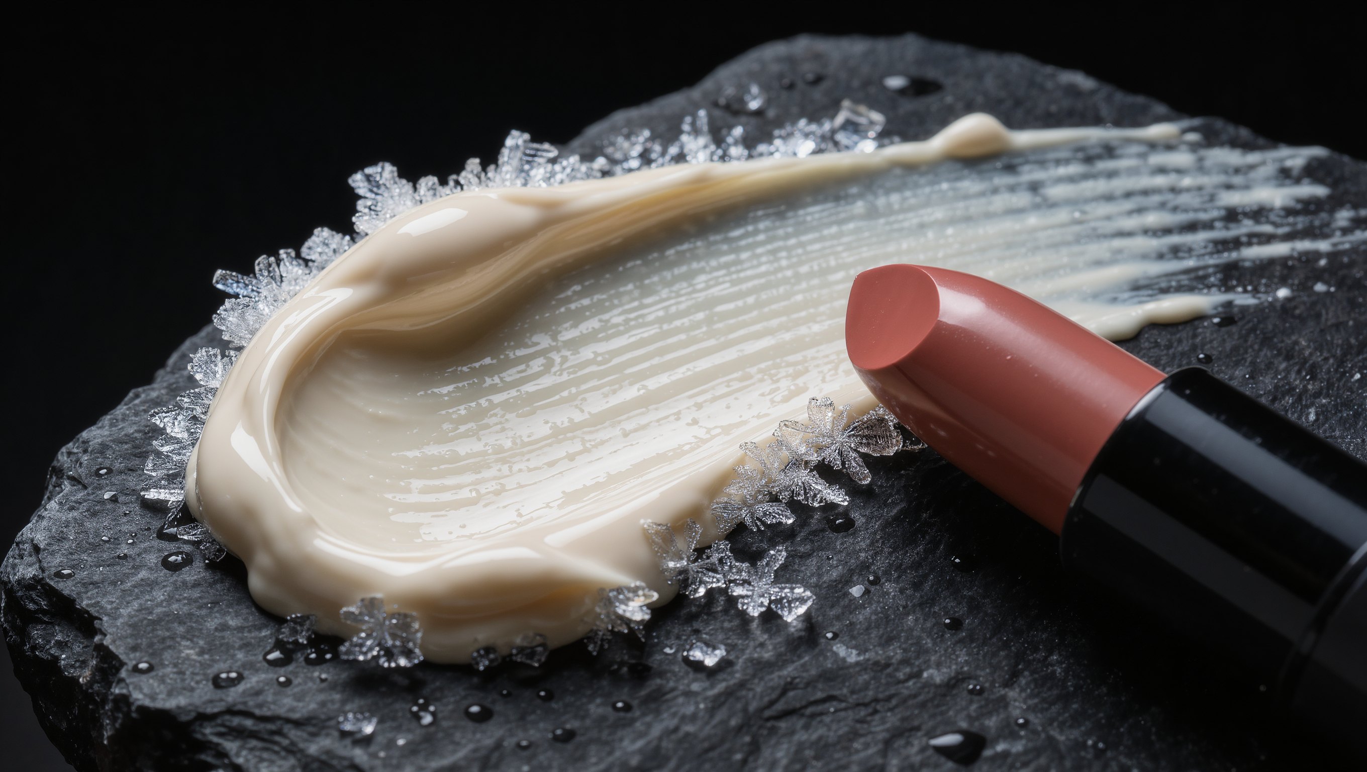 Eine dicke, wachsartige Schutzcreme auf dunklem Stein, daneben Frost und ein Lippenstift mit Filter im kalten Streiflicht