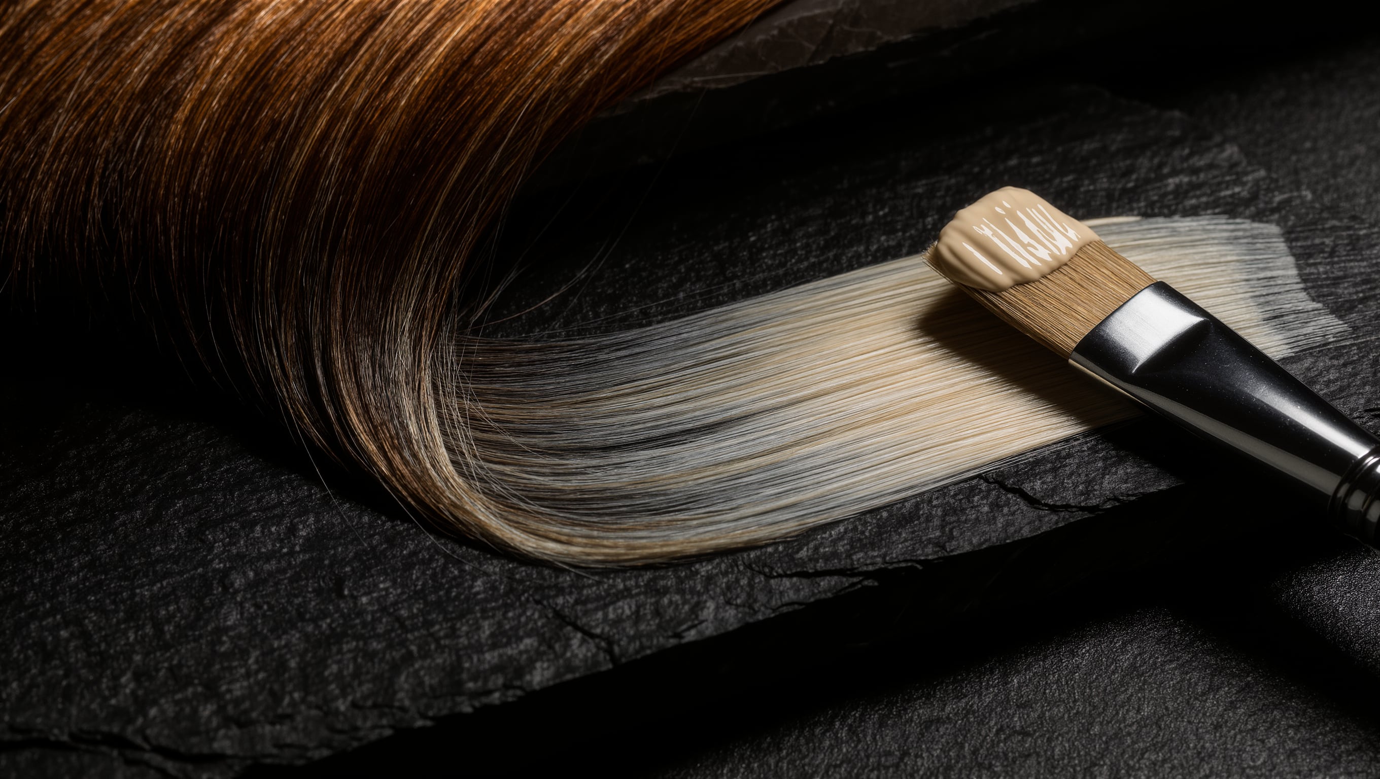 Ein Pinsel streicht helle Blondiermasse freihändig über eine Haarsträhne, im Hintergrund ein geflochtener Zopf im Halbdunkel