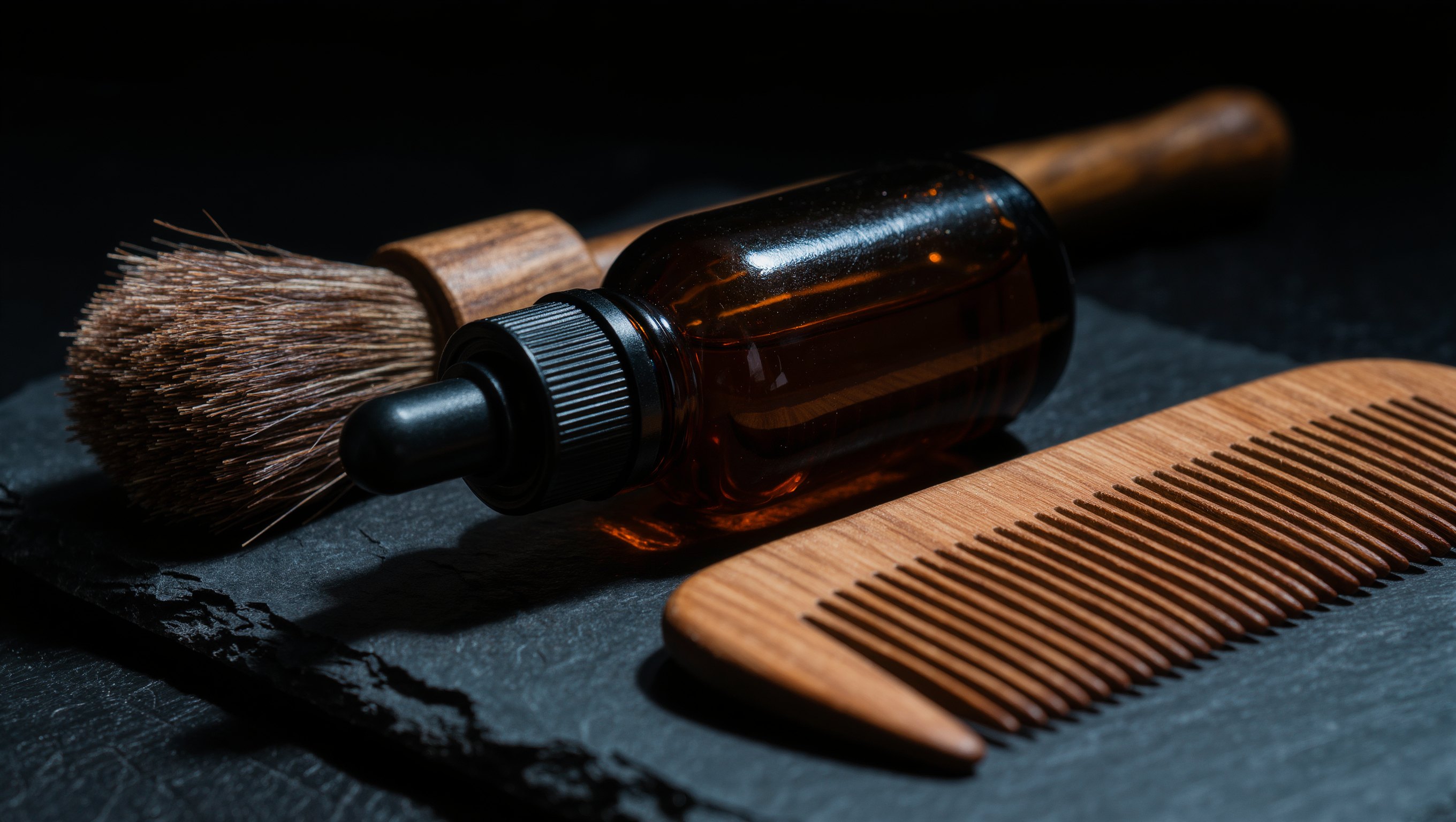Ein Tropfen Bartöl fällt von einer Pipette auf eine Naturborstenbürste, daneben ein Holzkamm im warmen Halbdunkel