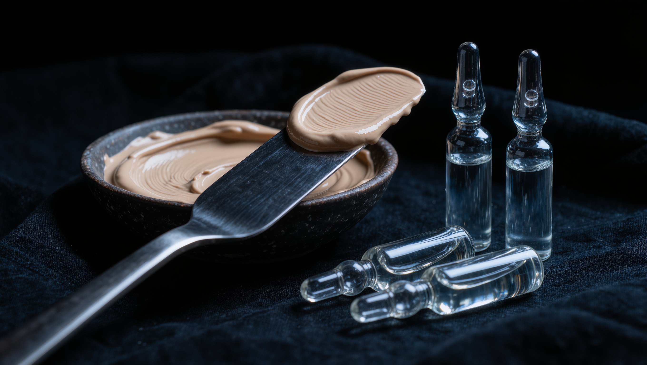 Hände in Handschuhen legen eine cremige Modellagemaske auf, daneben Glasampullen und ein Spatel auf dunklem Tuch