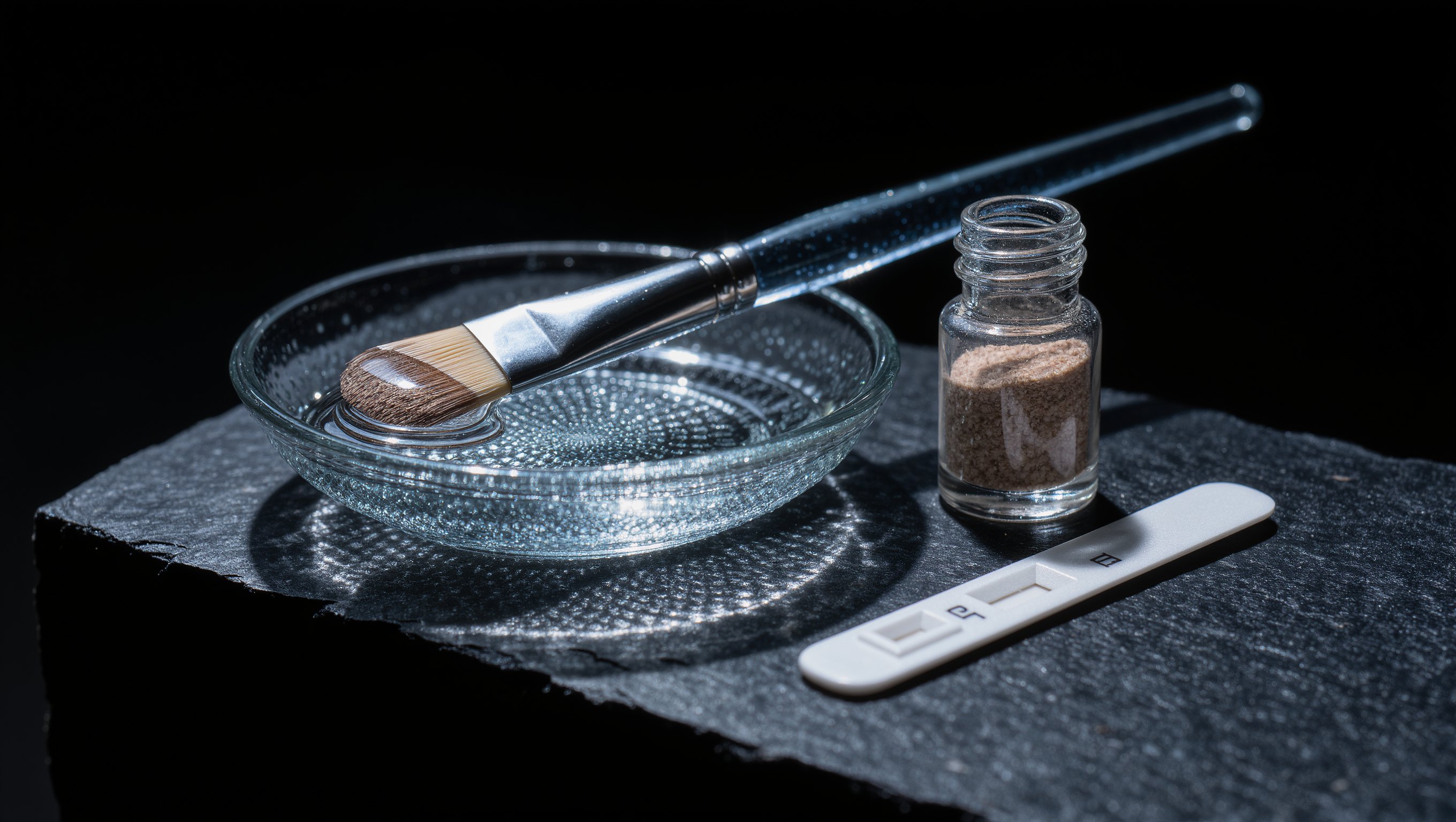 Eine klare Säurelösung wird mit einem Fächerpinsel aus einer Glasschale aufgenommen, daneben ein Neutralisationsfläschchen im Halbschatten