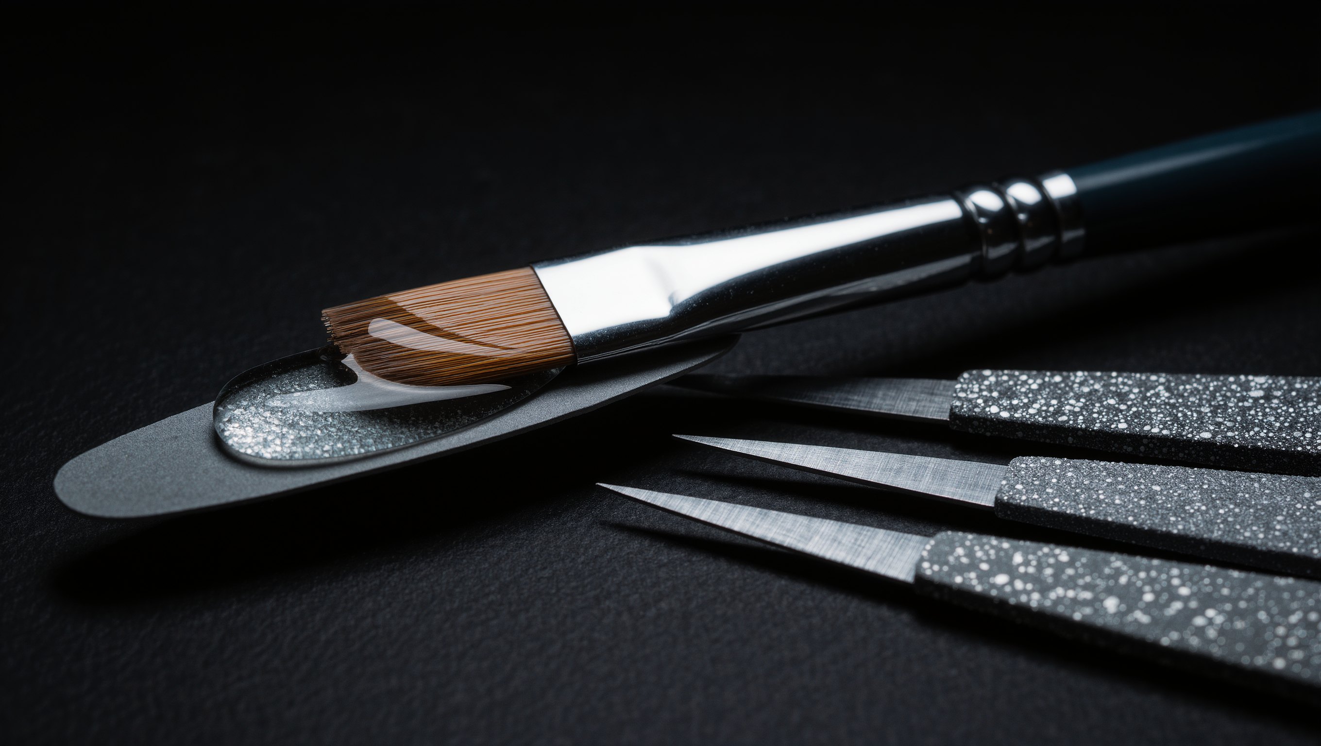 Nahaufnahme einer Hand mit Modellierpinsel über einem Nagel, daneben Feilen unterschiedlicher Körnung auf dunkler Fläche