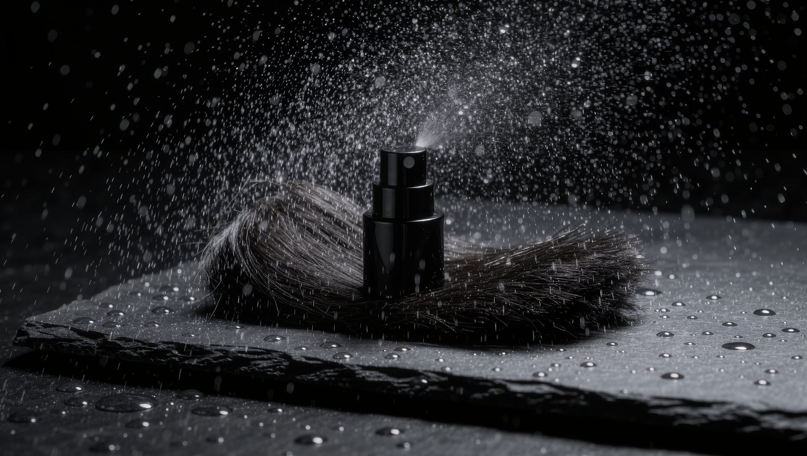 Ein Sprühfluid zerstäubt über kurz geschorenem Haar, feine Tropfen glänzen im harten Seitenlicht