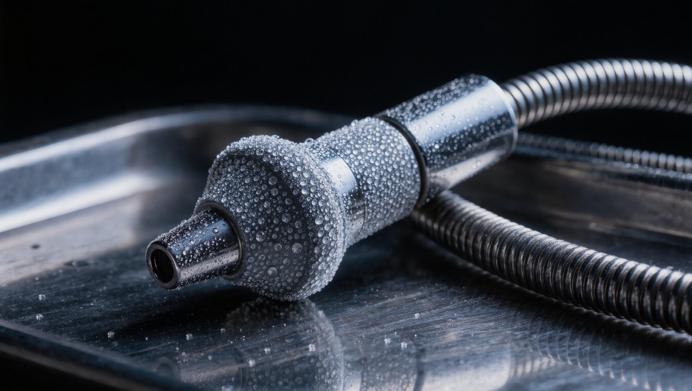 Ein gekühlter Applikatorkopf mit Vakuumschlauch liegt auf einer Metallablage, Kondenswasser glänzt im dunklen Licht