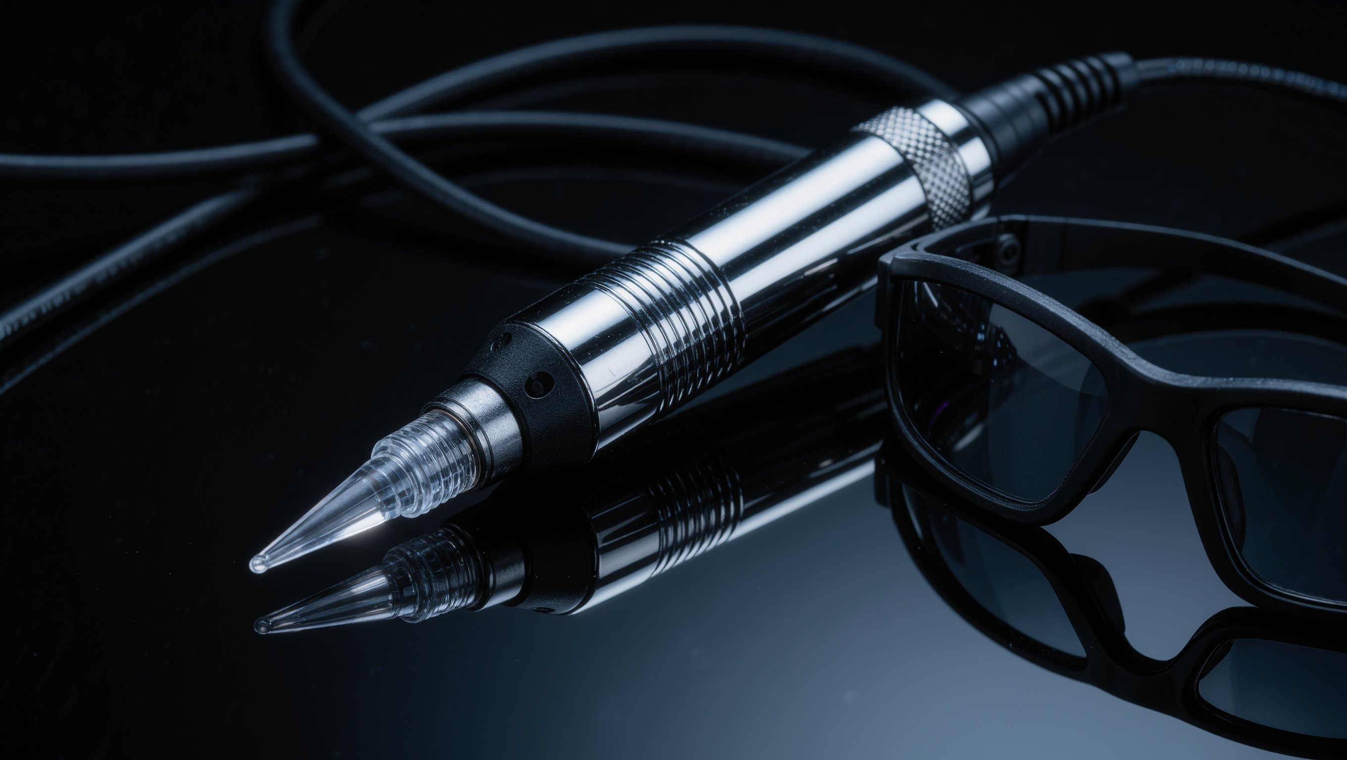Ein Laserhandstück mit Kühlspitze liegt neben einer dunklen Schutzbrille auf einer glatten schwarzen Fläche