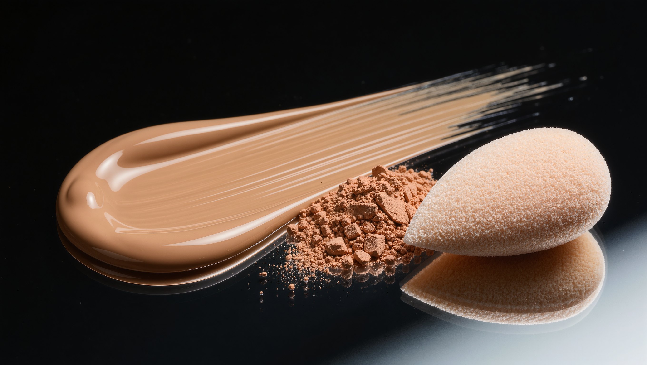 Ein Tropfen Foundation zerläuft auf einer Glasplatte neben losem Puder und einem Schwämmchen im harten Licht