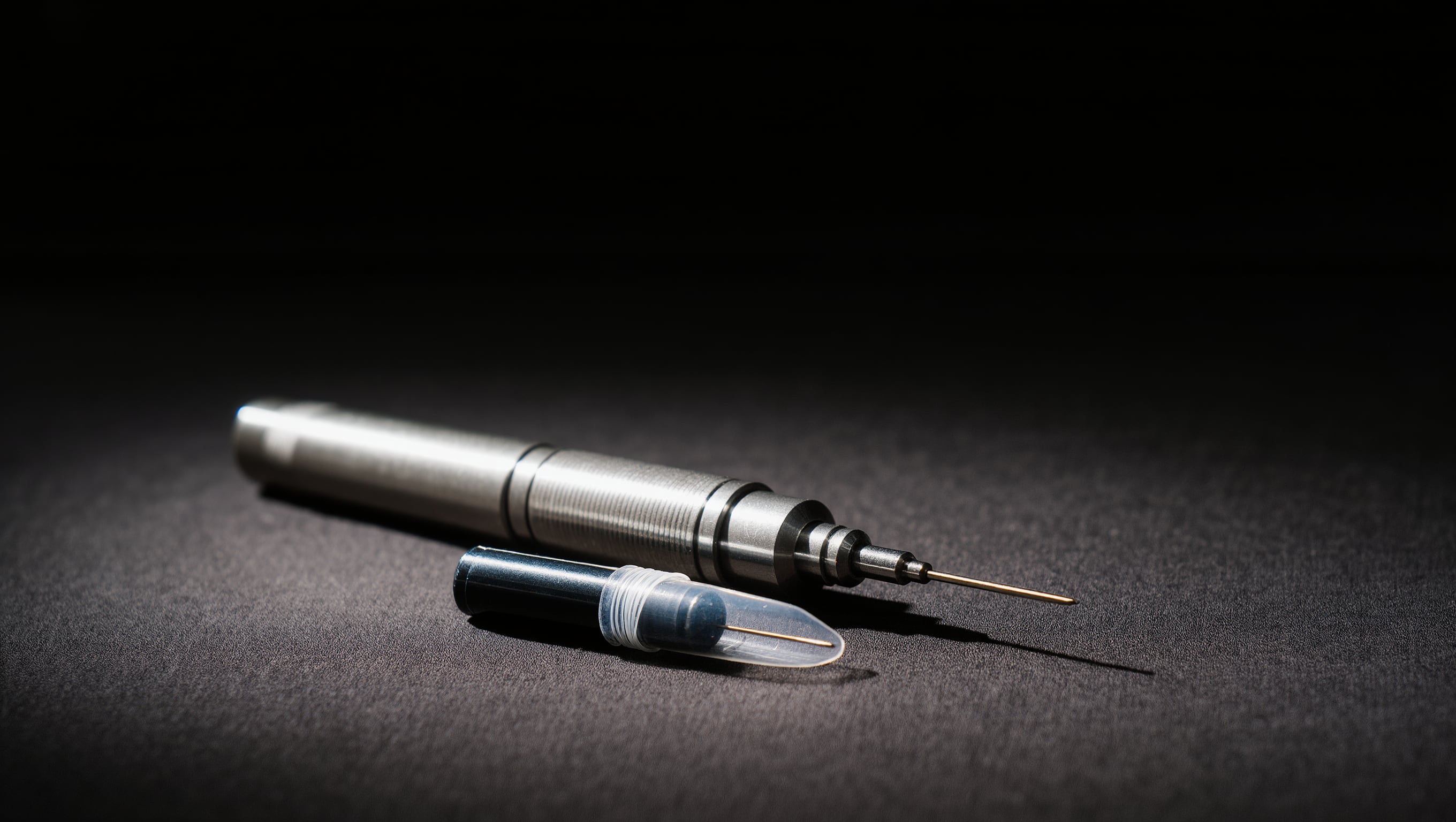Ein Dermapen-Handstück mit aufgesetzter Einwegkartusche liegt neben einer verschlossenen Serumampulle auf dunklem Tuch
