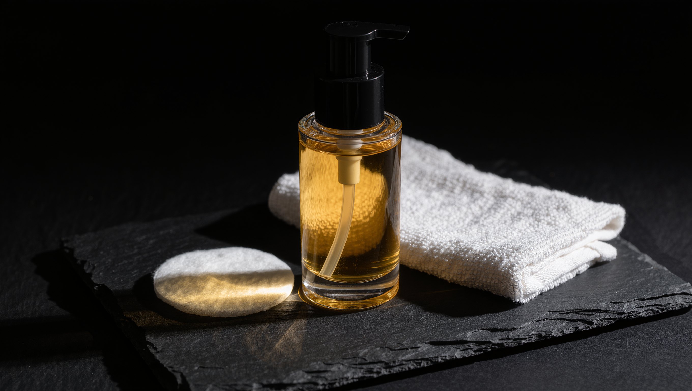 Reinigungsbalsam auf Fingerkuppen über einer Schale mit lauwarmem Wasser, daneben ein zerdrückter Wattepad im Halbdunkel